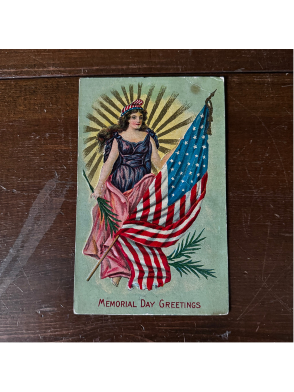 Antique Memorial Day Postcard | Lady Liberty & American Flag
